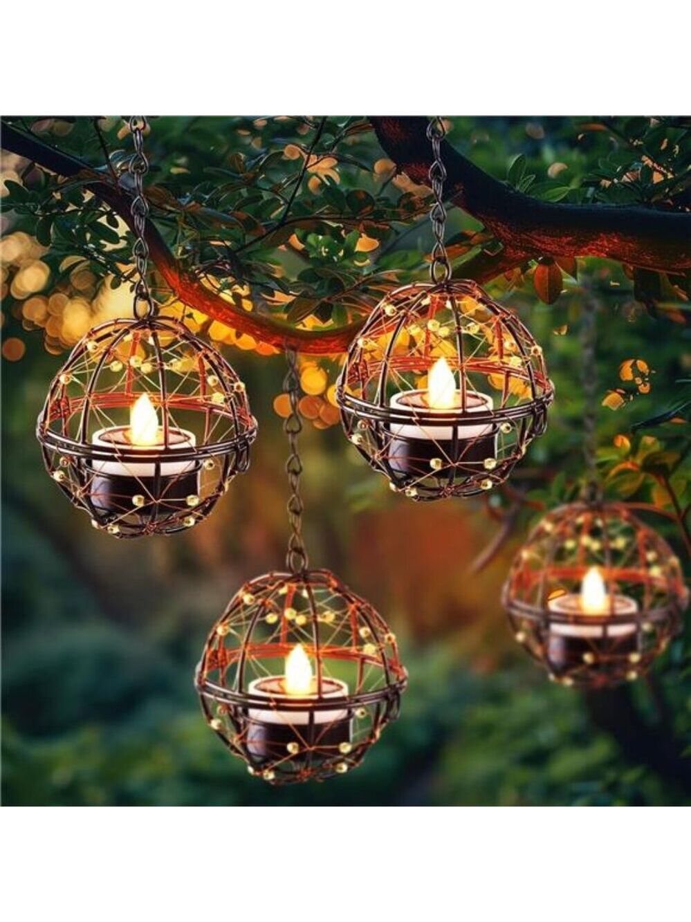 Solar Tea Lights Outdoor Hanging Lanterns Waterproof Patio Garden Copper 4 Pack